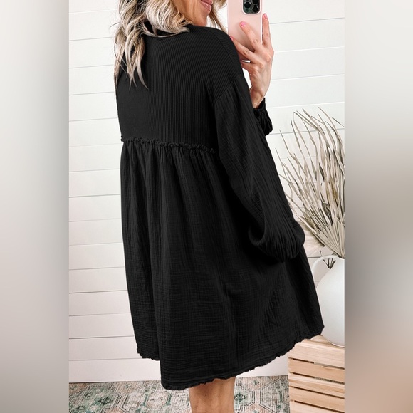 Buttoned Collared Neck Dropped Shoulder Mini Dress - Picture 6 of 6